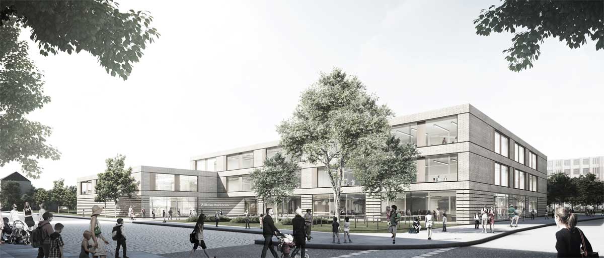 Konzeptidee zum Neubau der Wilhelm-Busch-Schule am Gerichtsweg in Leipzig, Perspektive Eingang; Visualisierung: © gmp Architekten von Gerkan, Marg und Partner