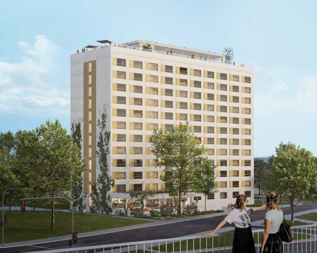 Visualisierung des Fassadenentwurfs für das Hotel am Terrassenufer Dresden, Copyright: Knerer und Lang Architekten