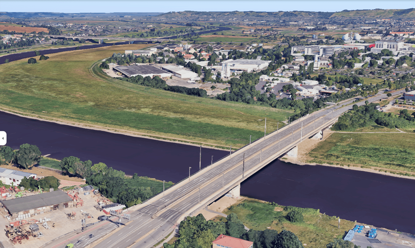 3D-Kartenansicht des geplanten Standorts des Flusswasserwerks an der Flügelwegbrücke in Dresden-Kaditz.